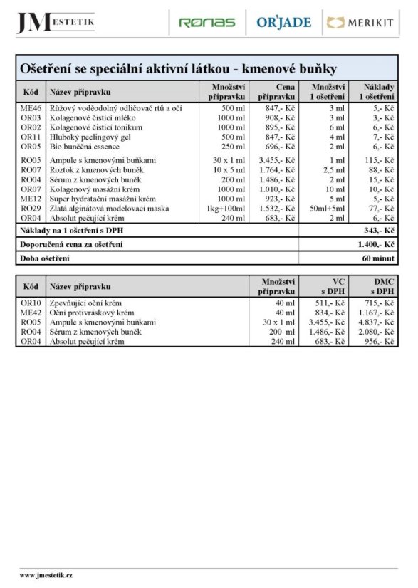 Ošetření se speciální aktivní látkou - kmenové buňky