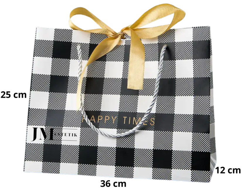 Dárková taška černo-bílá kostka se zlatou stuhou - 36 x 25 x 12 cm - 1 ks