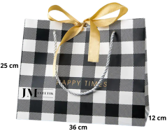 Dárková taška černo-bílá kostka se zlatou stuhou - 36 x 25 x 12 cm - 1 ks